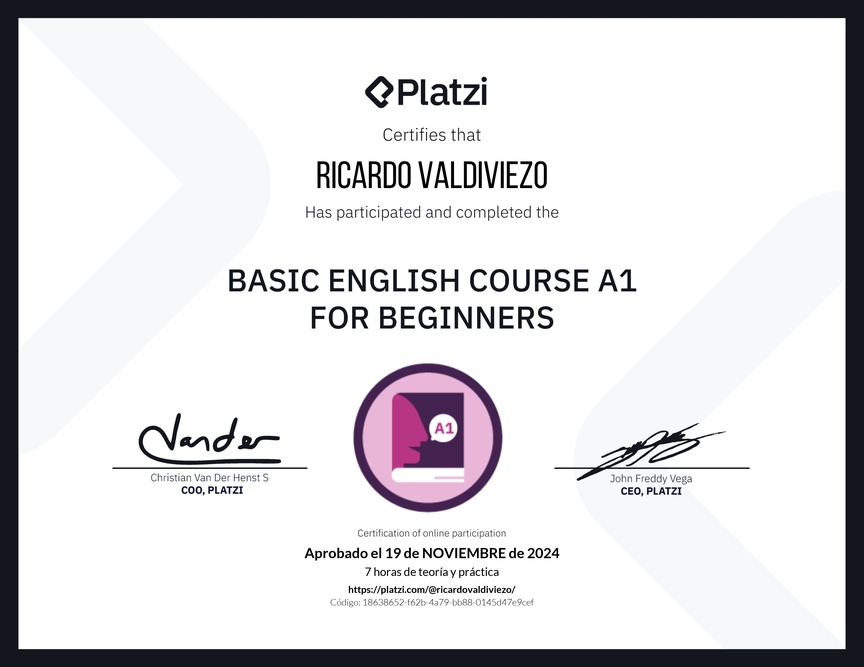 Diploma del Curso de Inglés Básico A1 para Principiantes