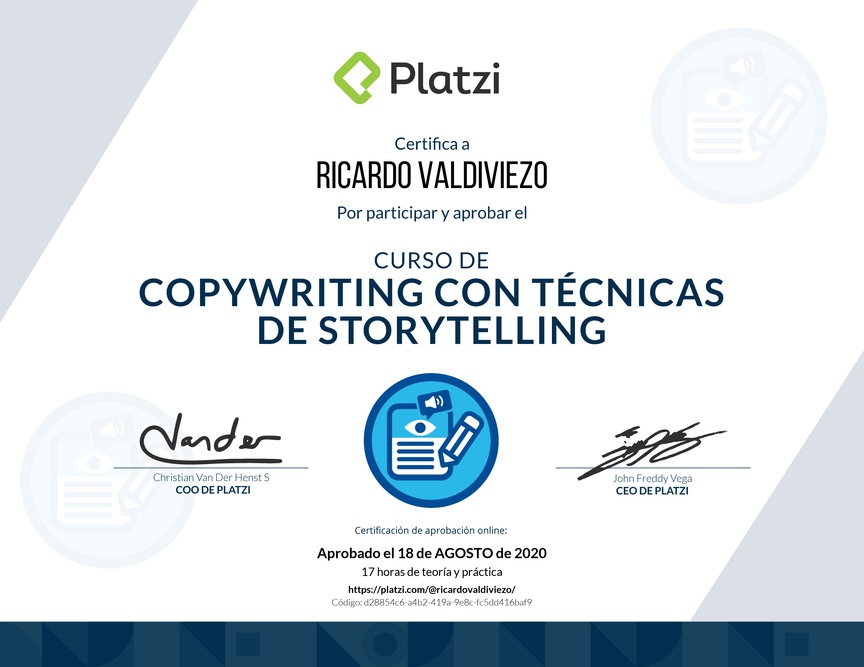 Diploma del Curso de Copywriting con Técnicas de Storytelling