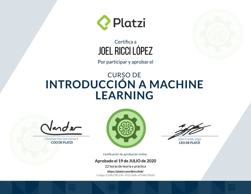 Diploma del Curso de Introducción a Machine Learning 2019