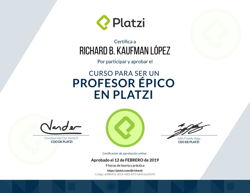 Diploma del Curso para ser un profesor épico en Platzi -2018