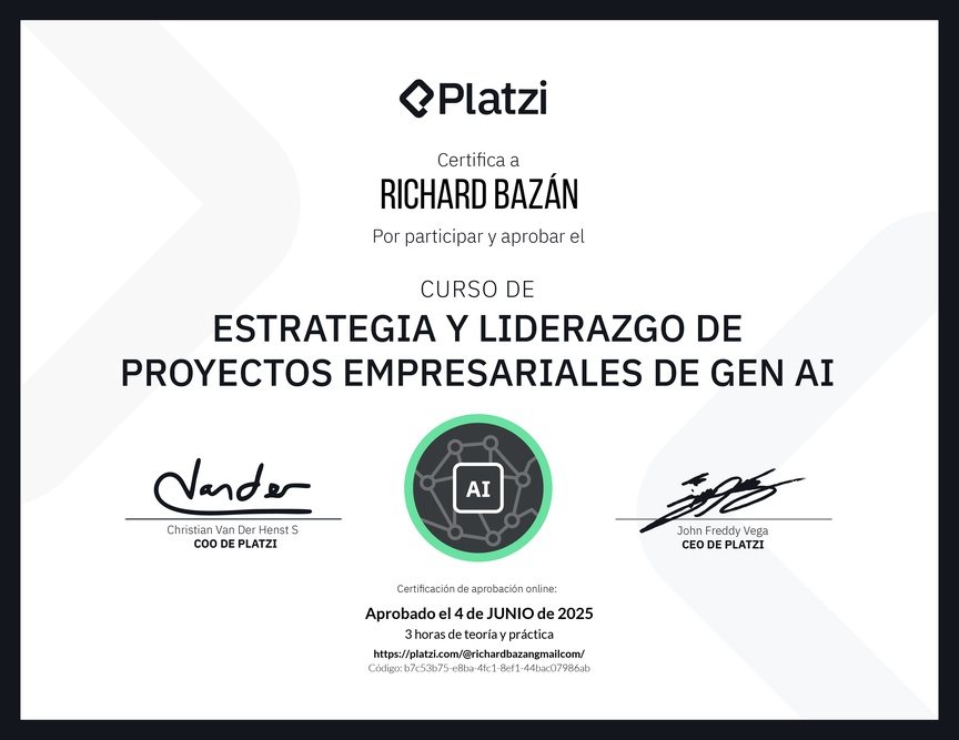 Diploma del Curso de Estrategia y Liderazgo de Proyectos Empresariales de Gen AI