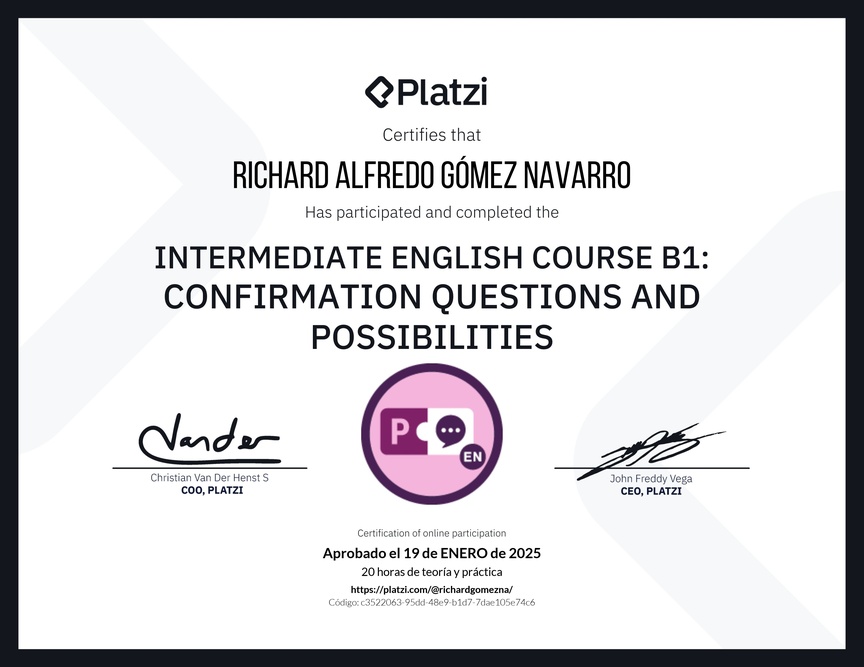 Diploma del Curso de Inglés Intermedio B1: Preguntas de Confirmación y Posibilidades
