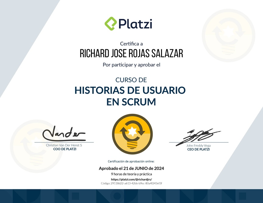 Diploma del Curso de Historias de Usuario en Scrum