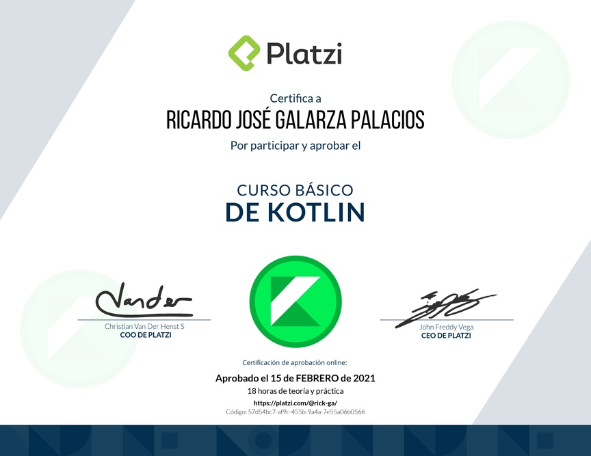 Diploma del Curso Básico de Kotlin 2019