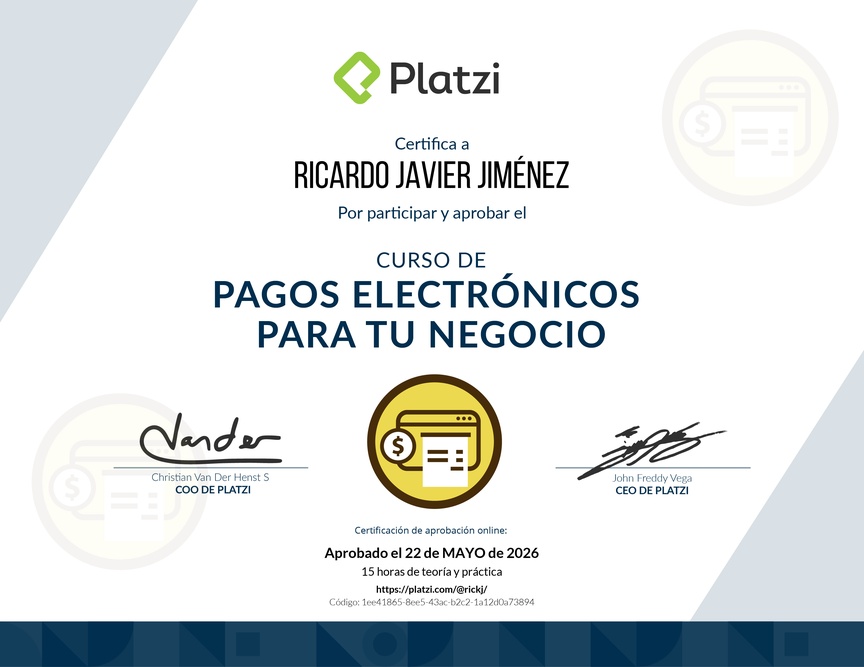 Diploma del Curso de E-Commerce para Implementar Pagos Electrónicos
