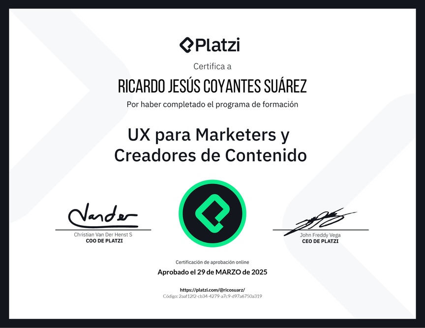 Diploma de la Ruta de Aprendizaje de UX para Marketers y Creadores de Contenido