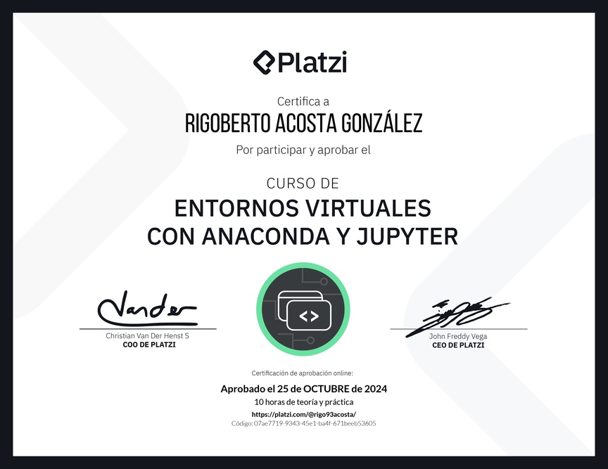 Diploma del Curso de Entornos Virtuales con Anaconda y Jupyter