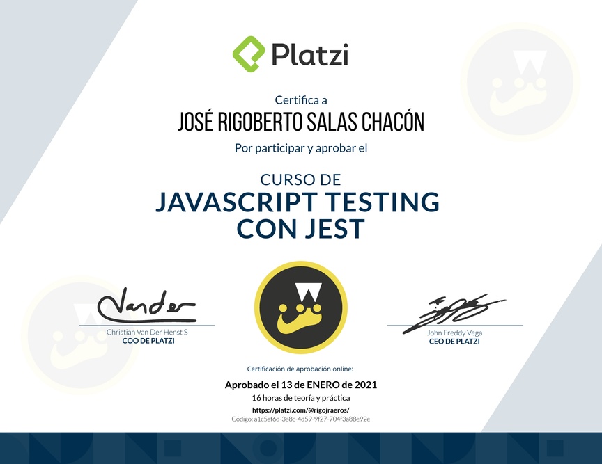 Diploma del Curso de JavaScript Testing con Jest 2019