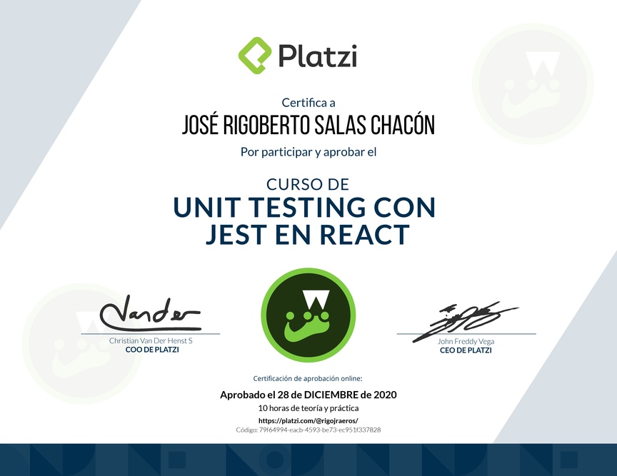 Diploma del Curso de Unit Testing con Jest en React
