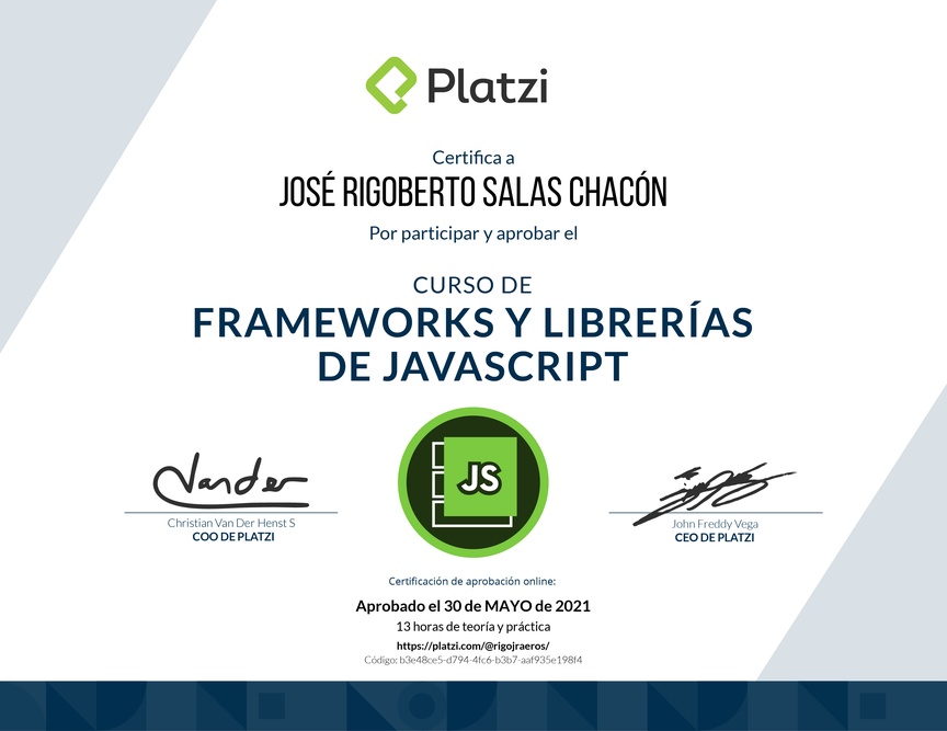 Diploma del Curso de Frameworks y Librerías de JavaScript