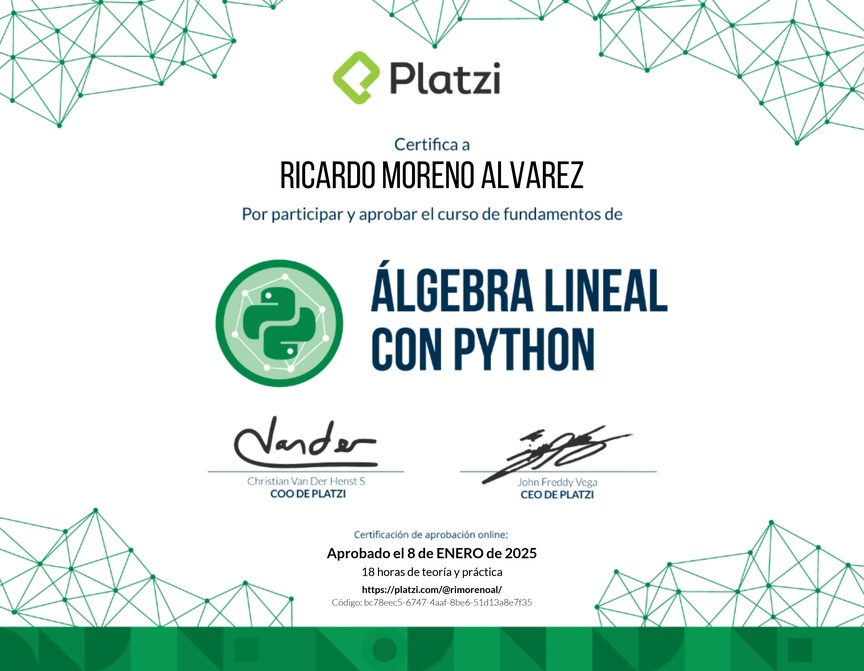 Diploma del Curso de Fundamentos de Álgebra Lineal con Python