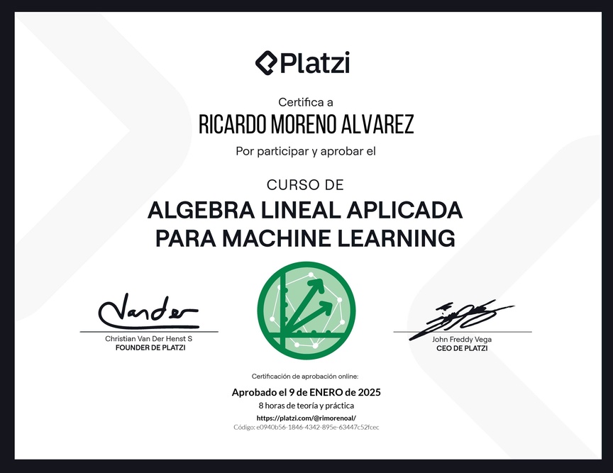 Diploma del Curso de Álgebra Lineal Aplicada para Machine Learning