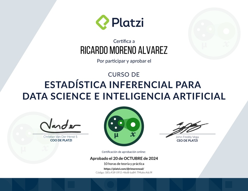 Diploma del Curso de Estadística Inferencial para Data Science e Inteligencia Artificial