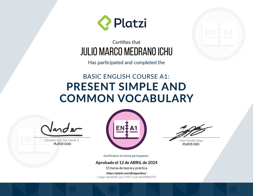 Diploma del Curso de Inglés Básico A1: Presente Simple y Vocabulario Común (2021)