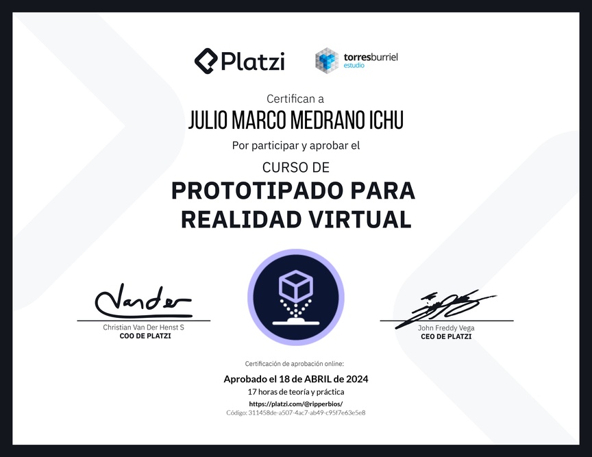 Diploma del Curso de Prototipado para Realidad Virtual