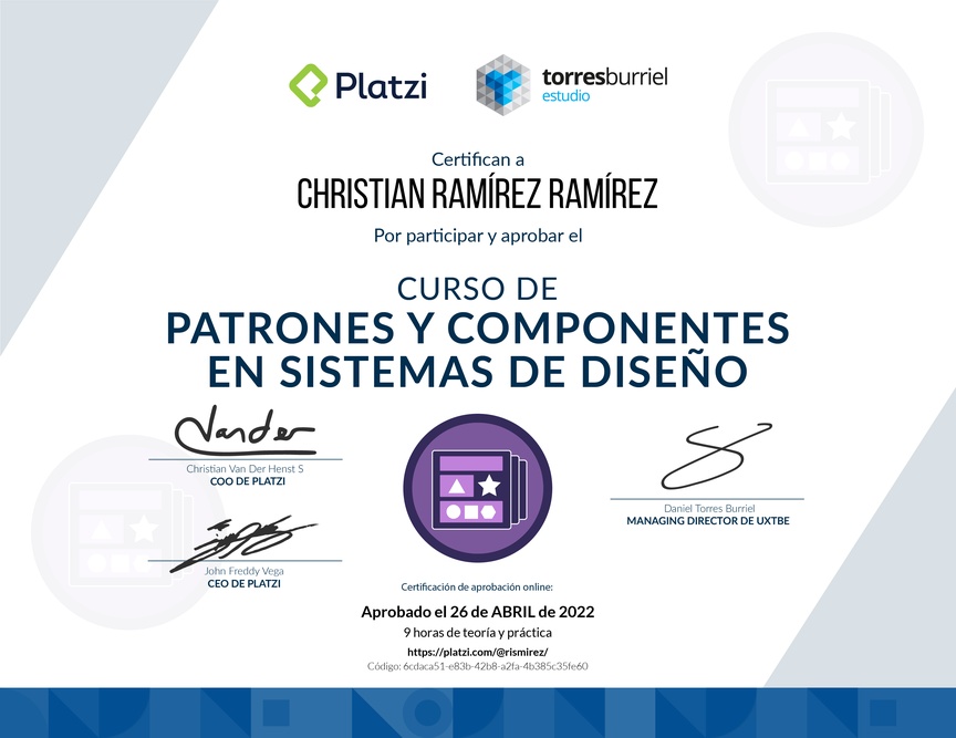 Diploma del Curso de Patrones y Componentes en Sistemas de Diseño