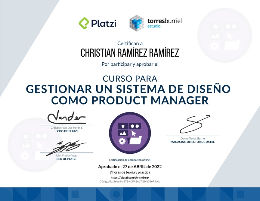 Diploma del Curso para Gestionar un Sistema de Diseño como Product Manager