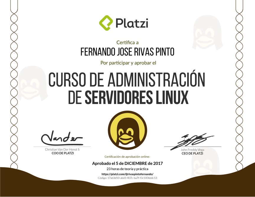 Diploma del Curso de Administración de Servidores Linux 2017