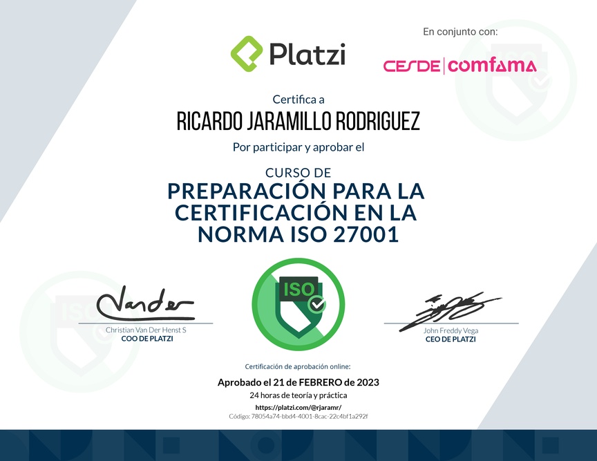 Diploma del Curso de Preparación para la Certificación en la Norma ISO 27001 (2020)