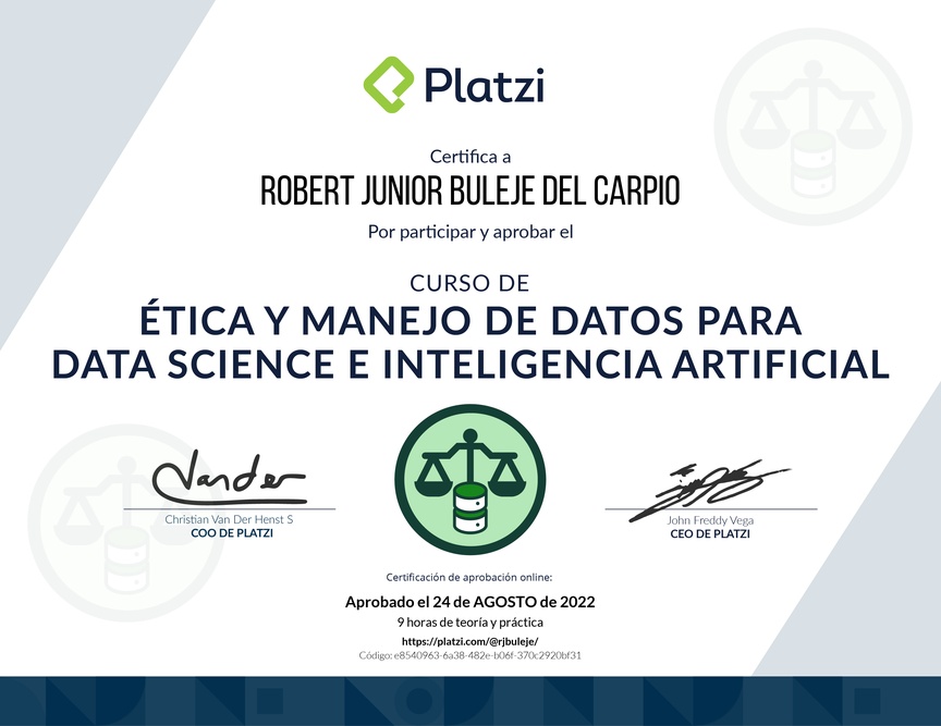 Diploma del Curso de Ética y Manejo de Datos para Data Science e Inteligencia Artificial