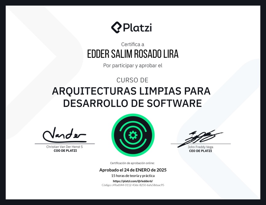 Diploma del Curso de Arquitecturas Limpias para Desarrollo de Software