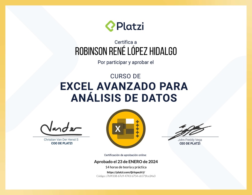Diploma del Curso de Excel Avanzado para Análisis de Datos