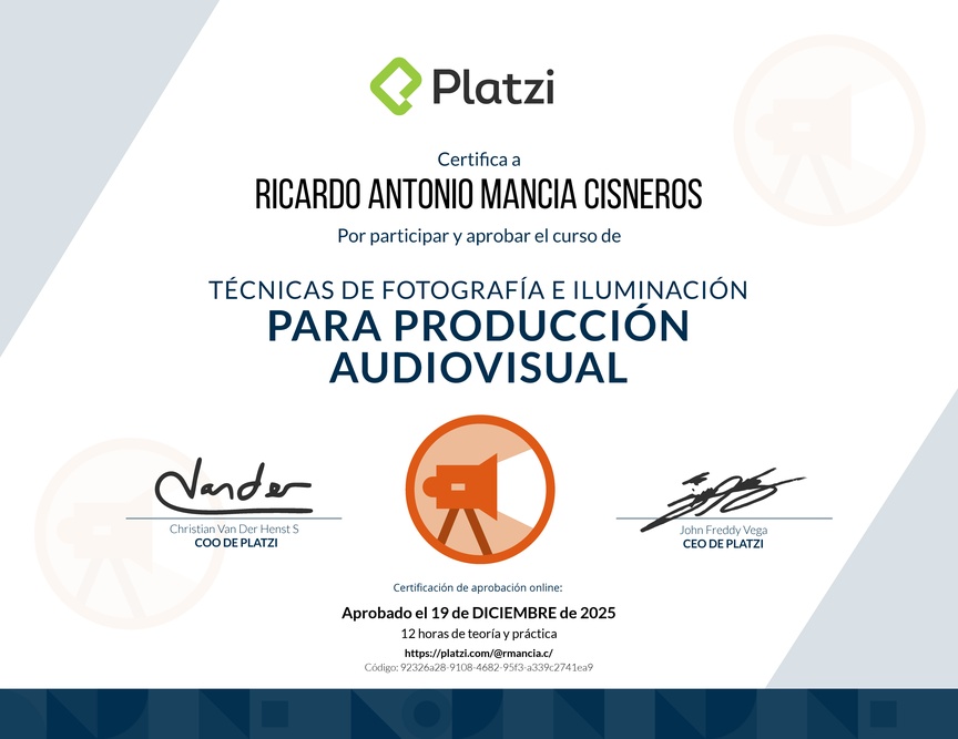 Diploma del Curso de Iluminación y Fotografía para Producciones Audiovisuales