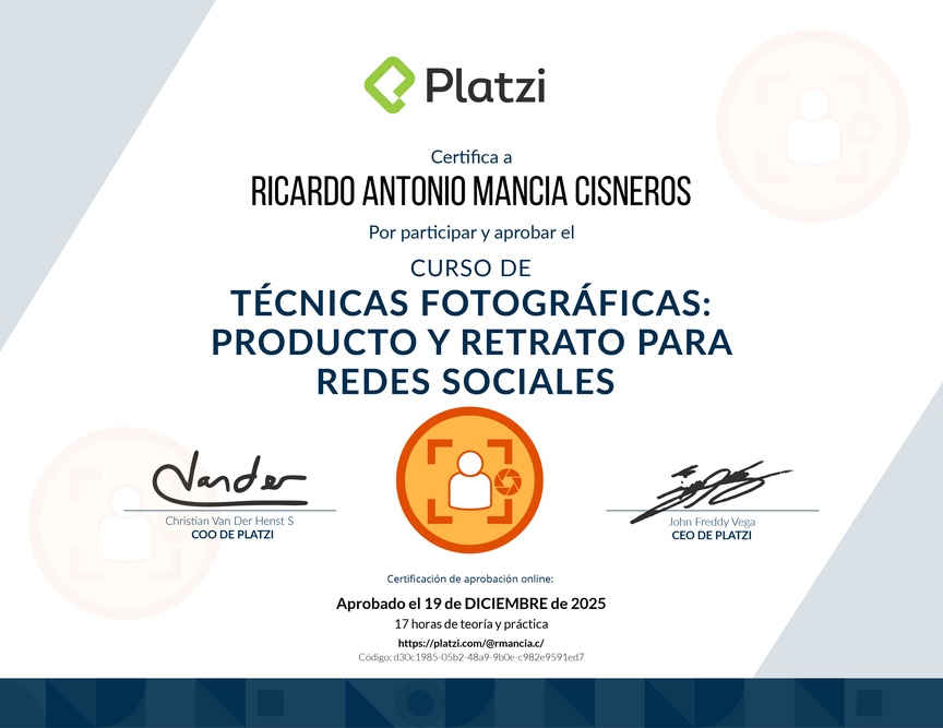 Diploma del Curso de Técnicas Fotográficas para Producto y Retrato en Redes Sociales