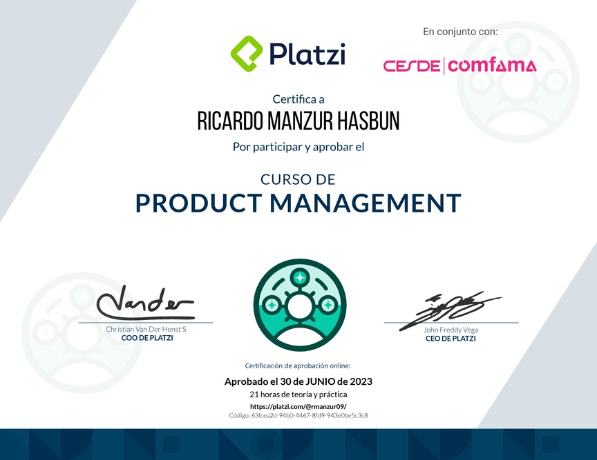 Diploma del Curso de Product Management