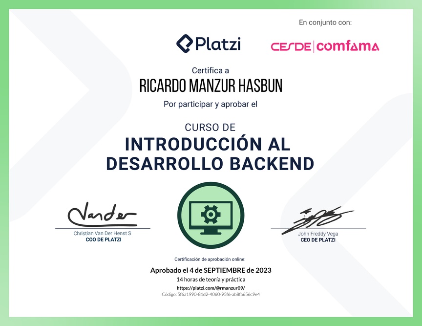 Diploma del Curso de Introducción al Desarrollo Backend