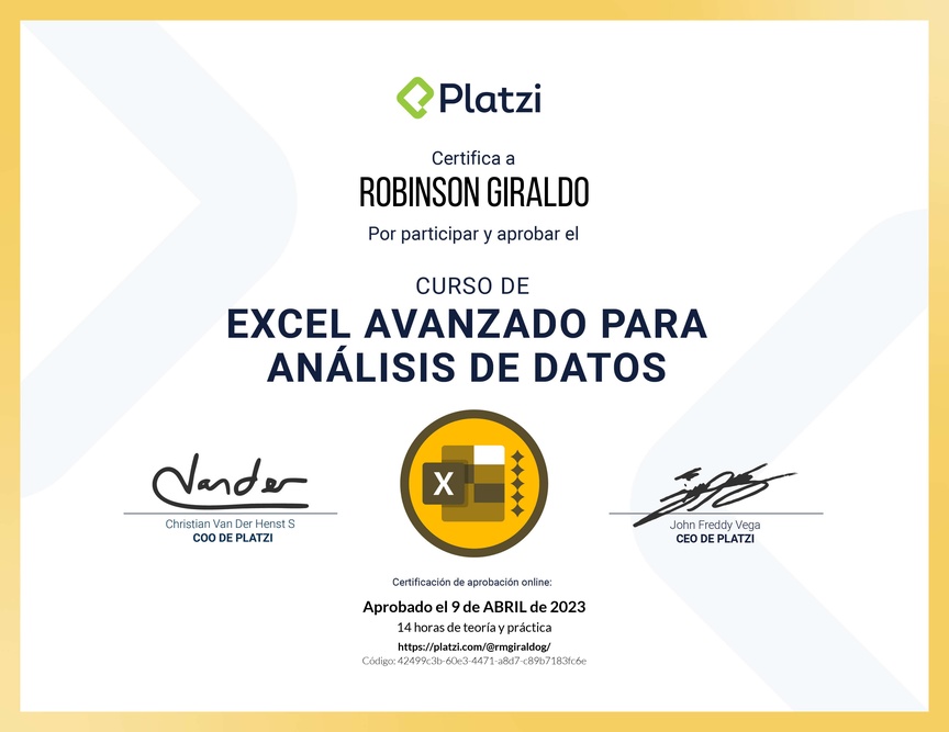 Diploma del Curso de Excel Avanzado para Análisis de Datos