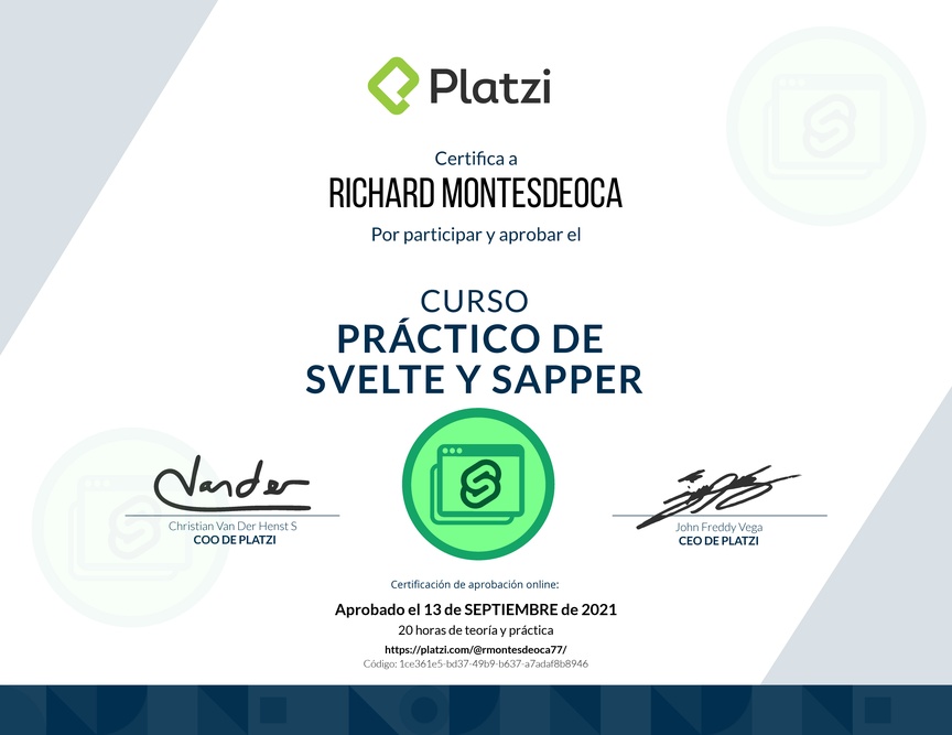 Diploma del Curso de Desarrollo Web con Svelte y Sapper