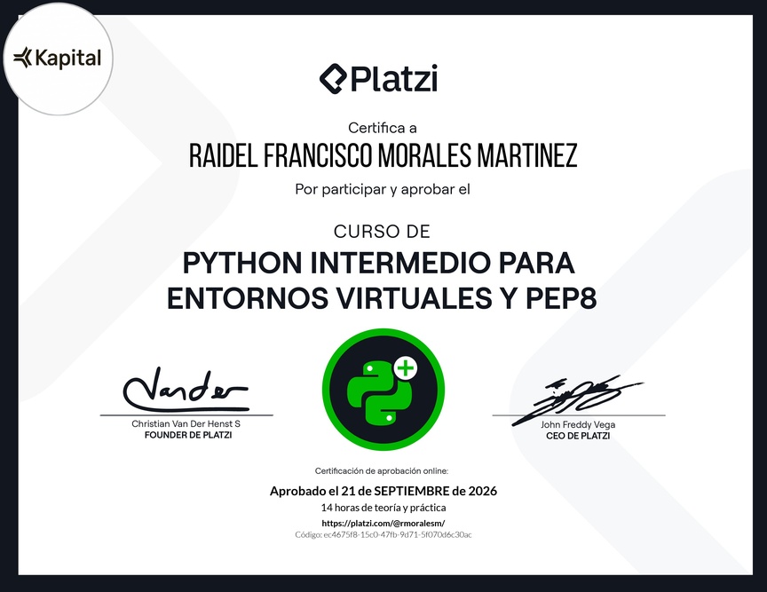Diploma del Curso de Python Intermedio para Entornos virtuales y PEP8