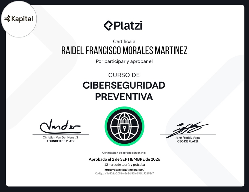 Diploma del Curso de Ciberseguridad Preventiva