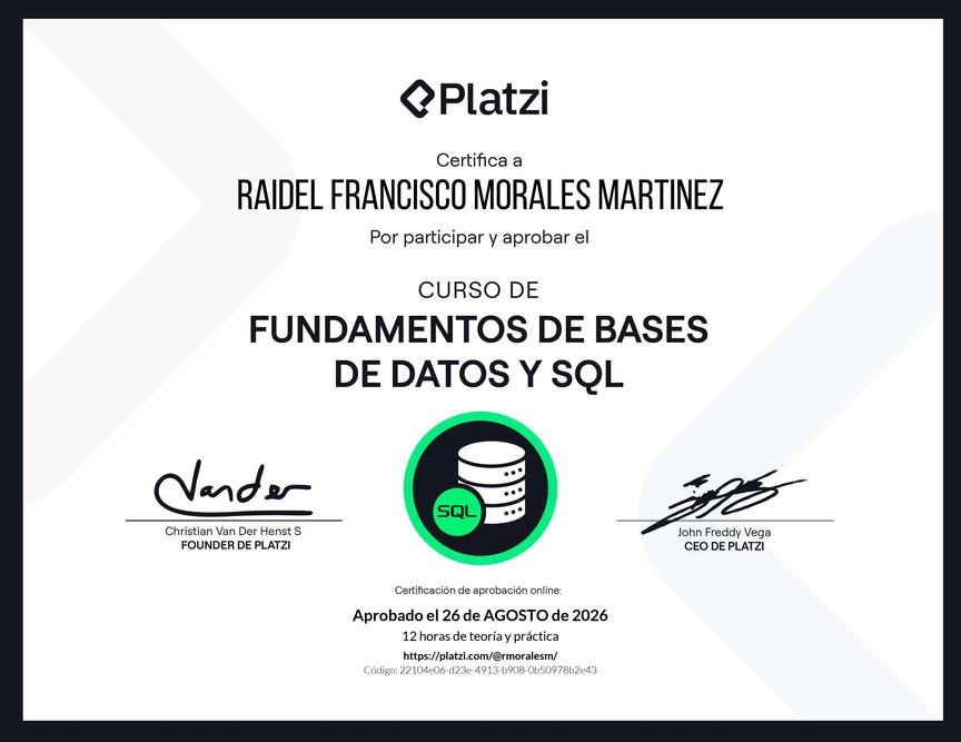 Diploma del Curso de Fundamentos de Bases de Datos y SQL