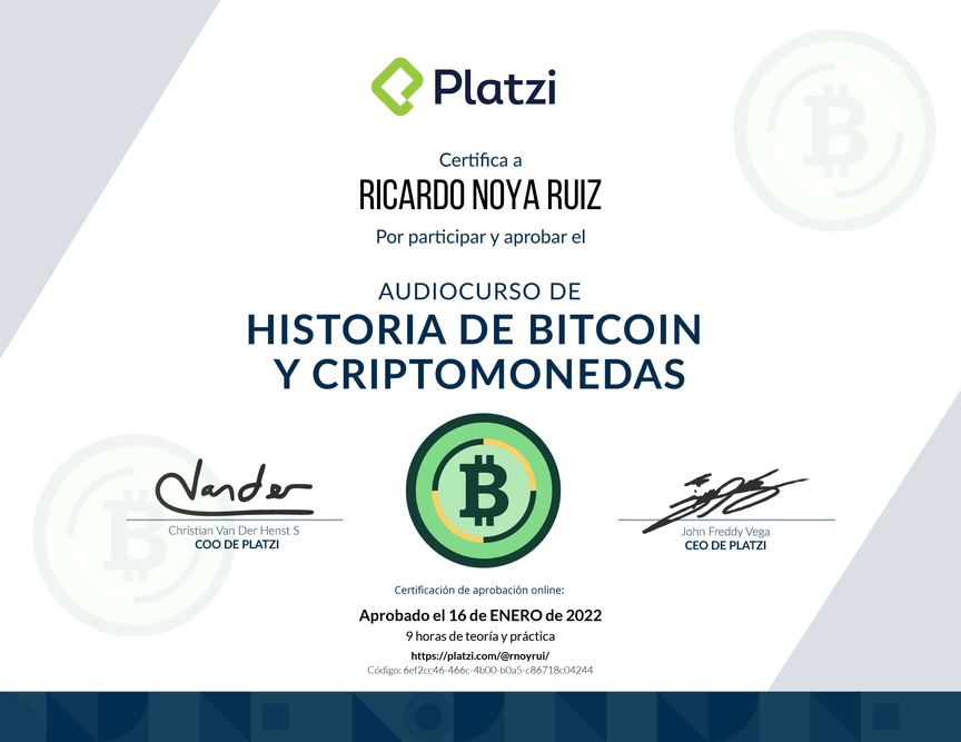 Diploma de Audiocurso de Historia de Bitcoin y Criptomonedas