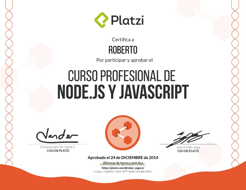 Diploma del Curso Profesional de Node.js y Javascript 2014