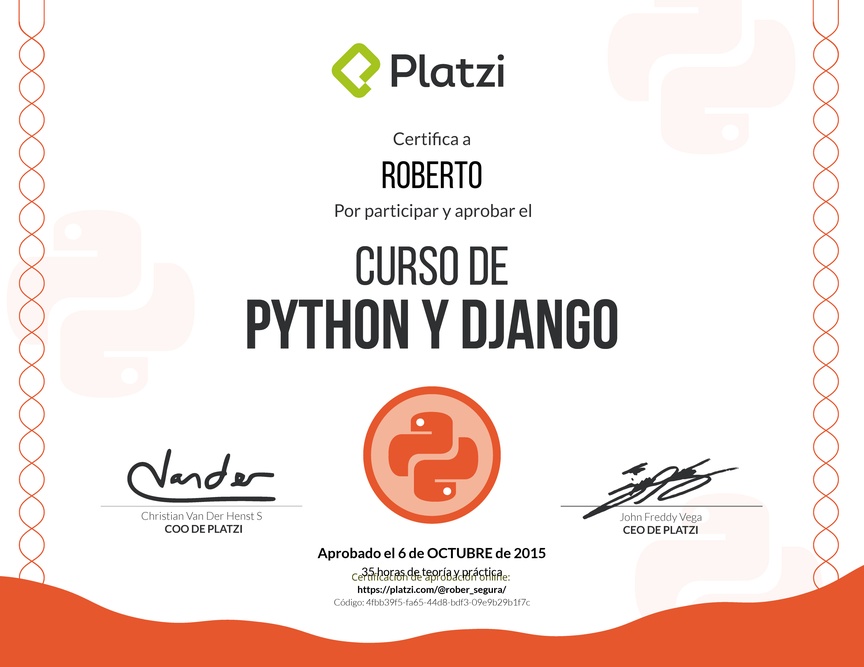 Diploma del Curso de Python y Django 2015