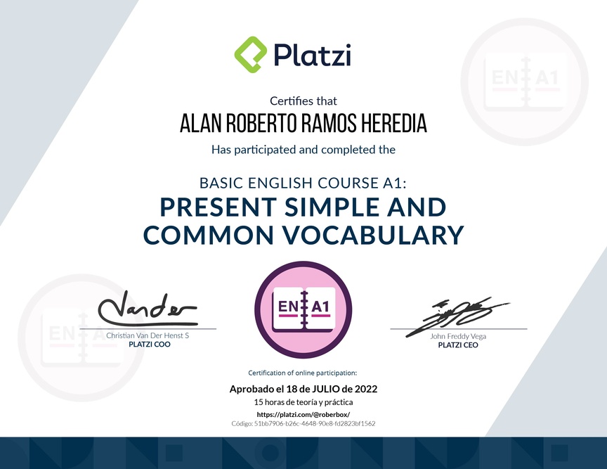 Diploma del Curso de Inglés Básico A1: Presente Simple y Vocabulario Común (2021)