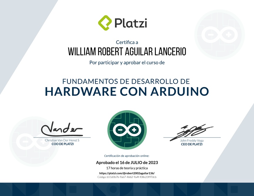 Diploma del Curso Fundamentos de Desarrollo de Hardware con Arduino