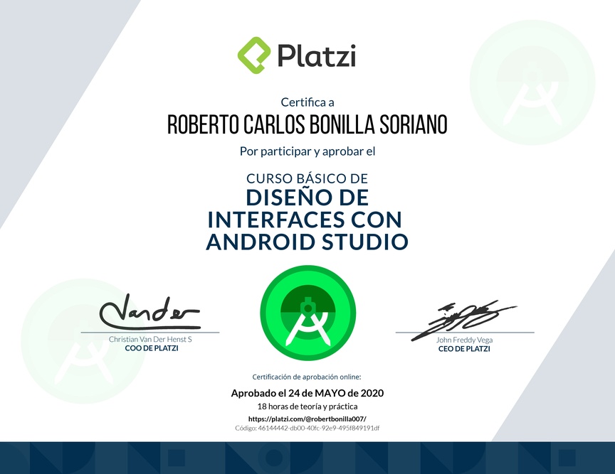 Diploma del Curso Básico de Diseño de Interfaces con Android Studio