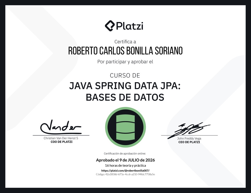 Diploma del Curso de Java Spring Data JPA: Bases de Datos