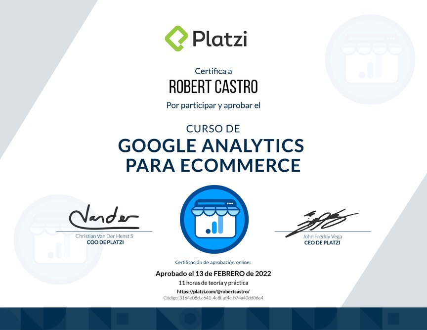 Diploma del Curso de Análisis de Reportes de Ecommerce con Google Analytics