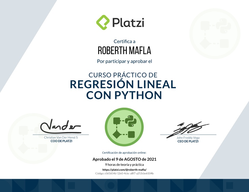 Diploma del Curso Práctico de Regresión Lineal con Python