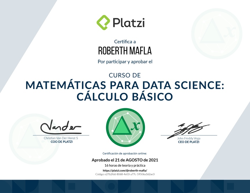Diploma del Curso de Matemáticas para Data Science: Cálculo Básico