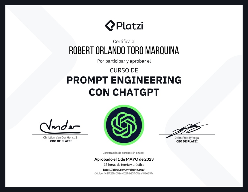 Diploma del Curso de Prompt Engineering con ChatGPT