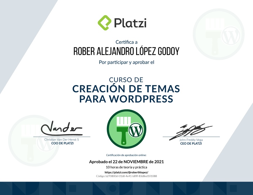 Diploma del Curso de Creación de Temas para WordPress