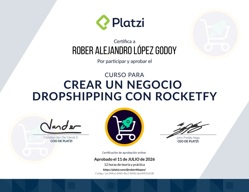 Diploma del Curso para Crear un Negocio Dropshipping con Rocketfy