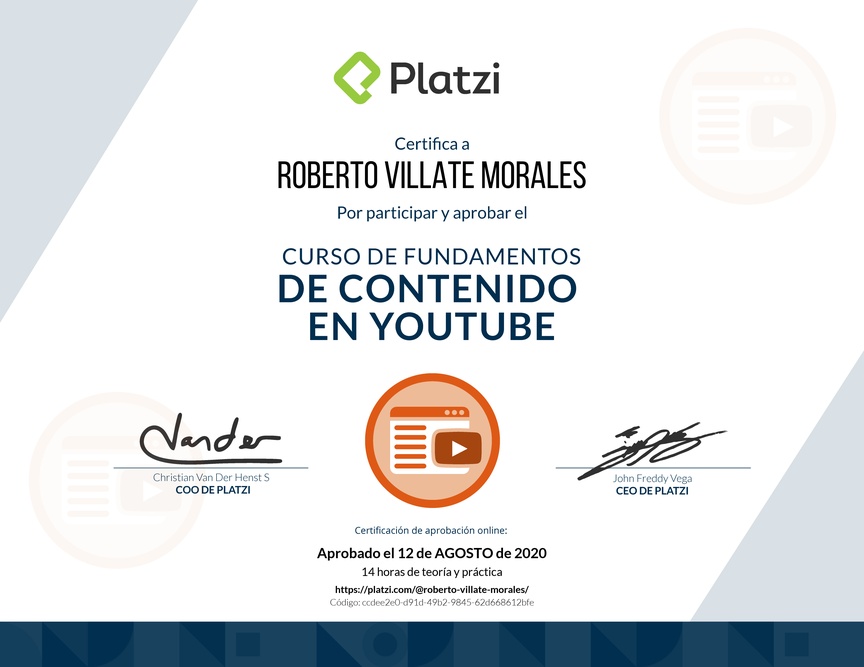 Diploma del Curso de Fundamentos de Contenido de YouTube