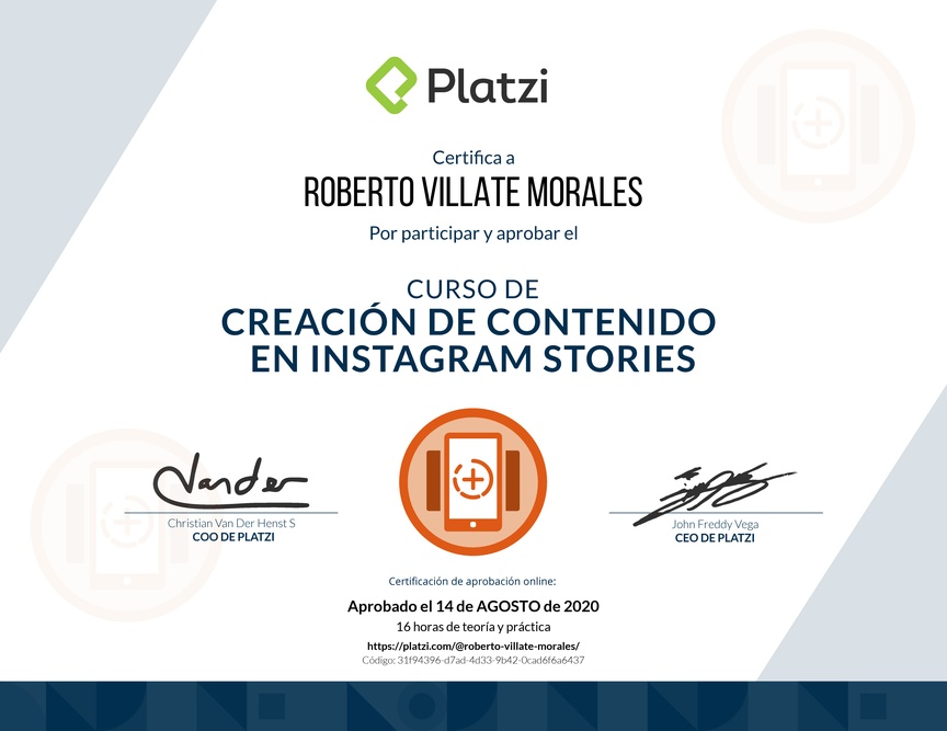 Diploma del Curso de Diseño y Edición de Instagram Stories